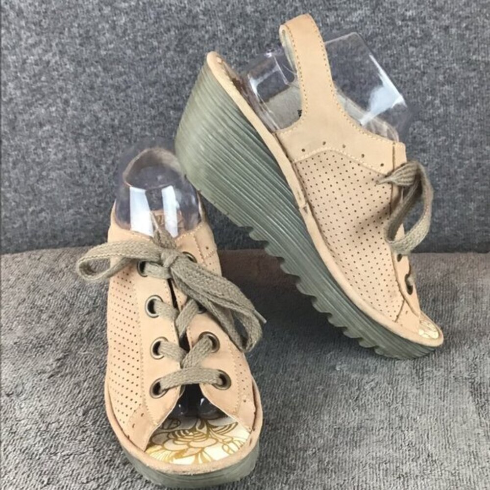 Fly London Yuta Leather Peep Toe Wedge Sandal Nude Nordstroms EU41|US10 Taupe